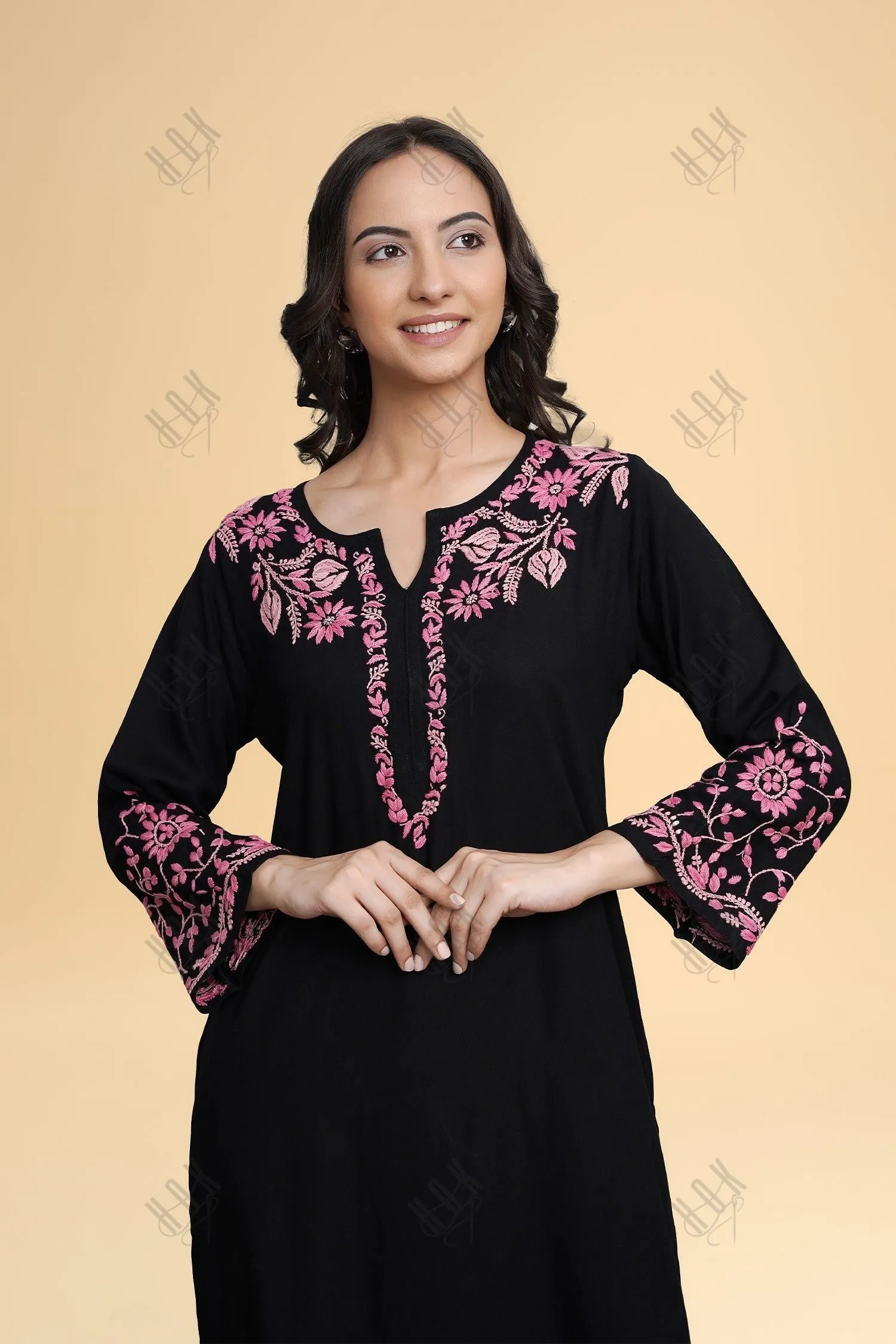 Saba Chikankari Long Kurta in Rayon Cotton - Black