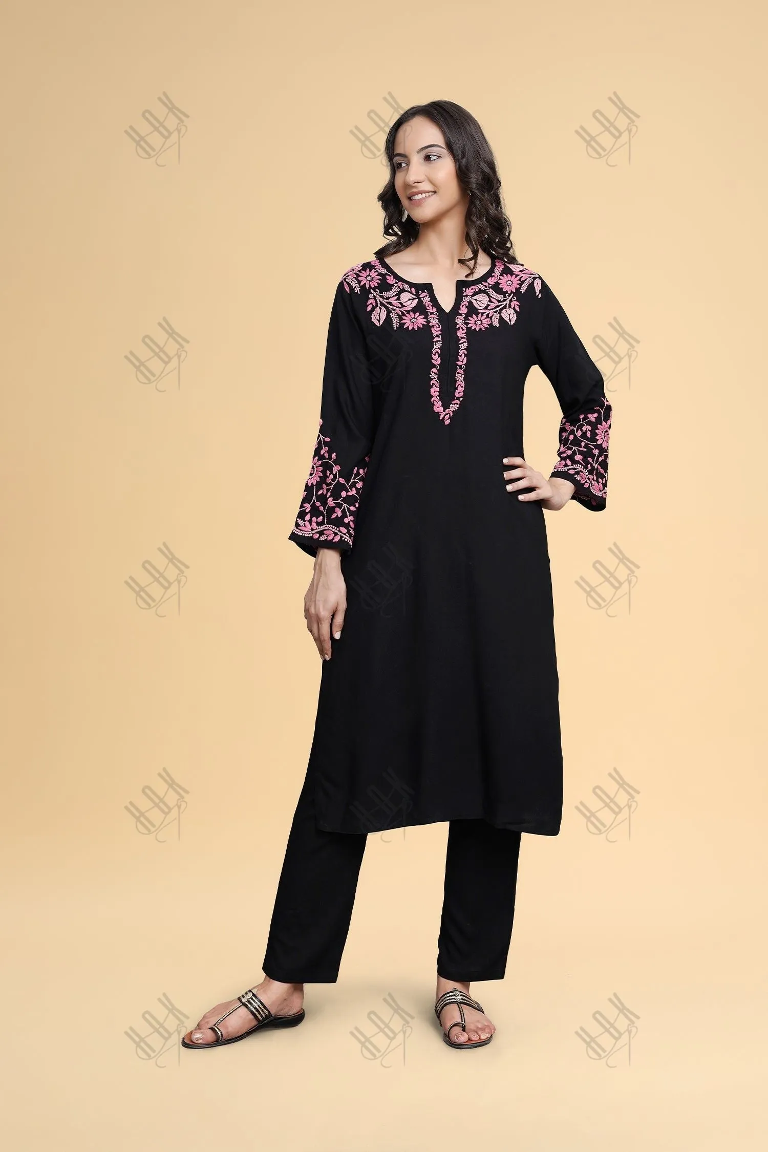 Saba Chikankari Long Kurta in Rayon Cotton - Black