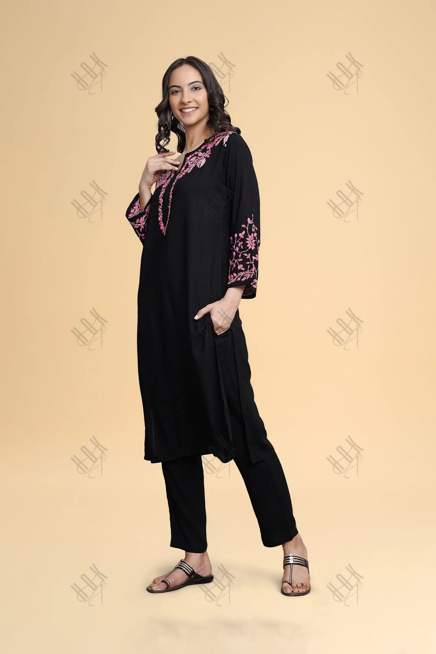 Saba Chikankari Long Kurta in Rayon Cotton - Black