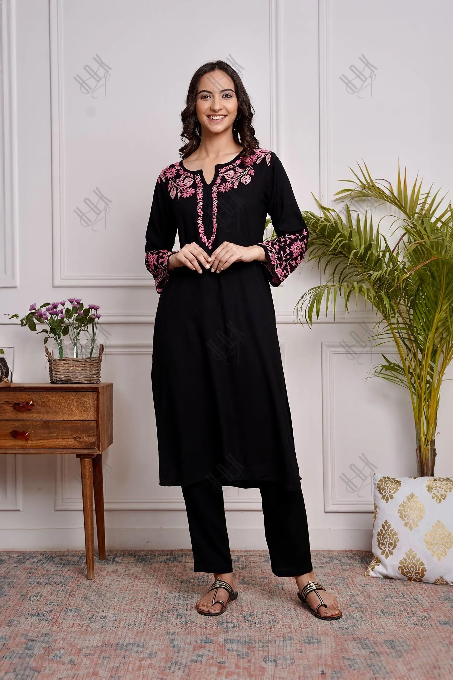 Saba Chikankari Long Kurta in Rayon Cotton - Black