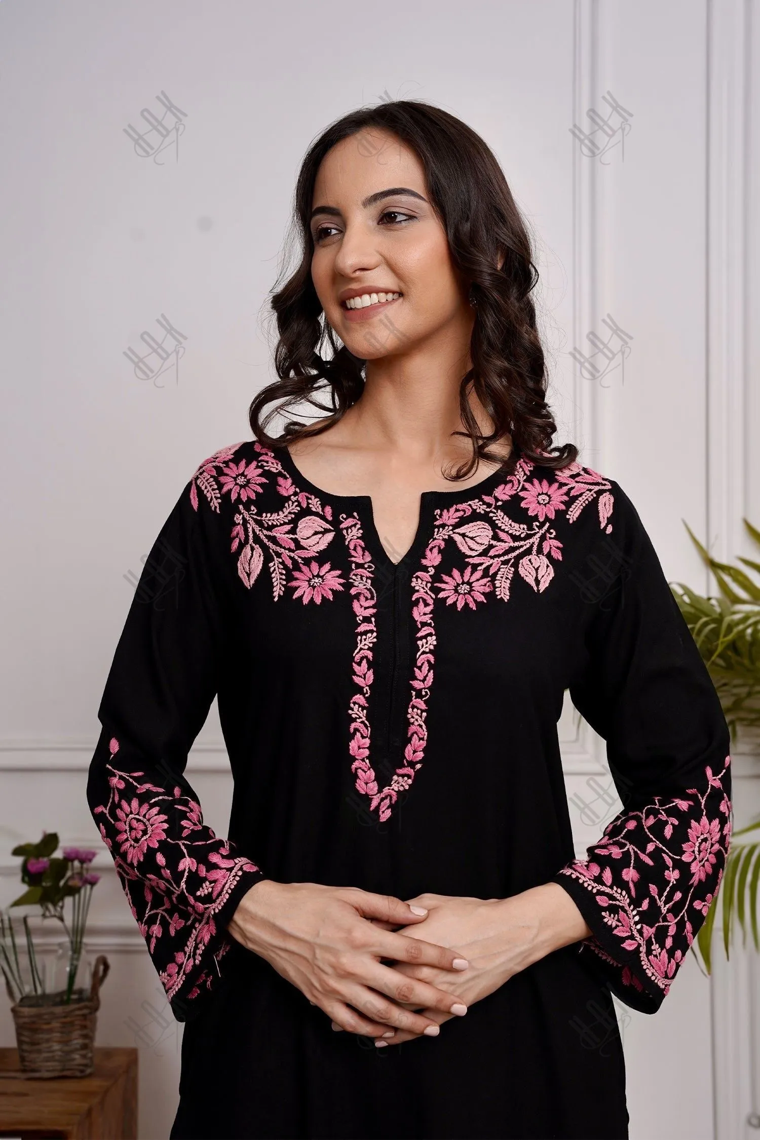 Saba Chikankari Long Kurta in Rayon Cotton - Black