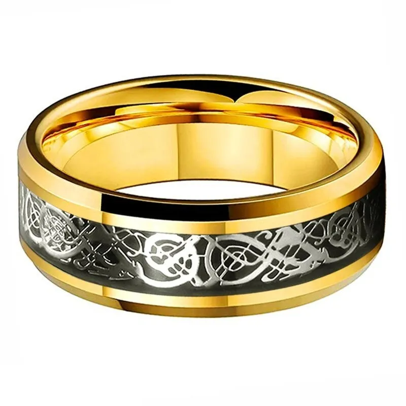 Silver Celtic Dragon Wedding Ring in Gold Tungsten (8mm)