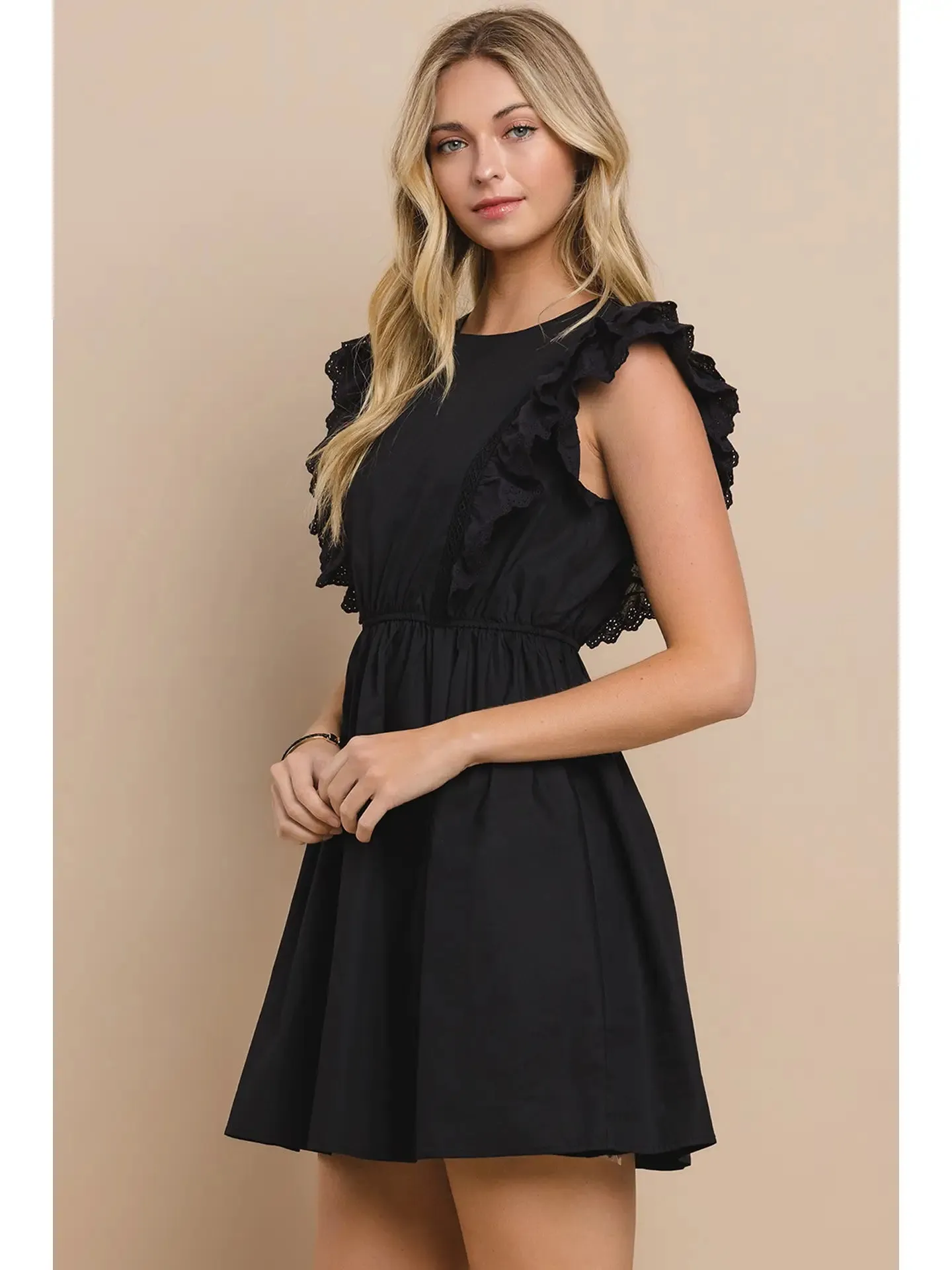 Solid Dress with Lace Ruffles